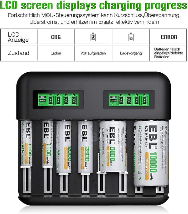 Akkuladegert 8x med LCD-skærm 8-vejs hurtigoplader USB Hy