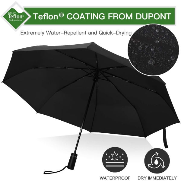 Sammenleggbar paraply Sterk slitesterk regnparaply bærbar paraply med teflonbelegg - forsterket baldakin, automatisk åpne/lukke - svart