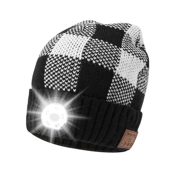 Udendørs Bluetooth Beanie Hat Med Forlygte, LED Musical Strikket Kasket Til Kvinder, Mand, Kæreste Black White