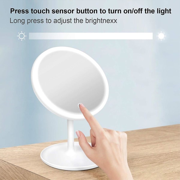 3 färgljuslägen Led sminkspegel med ljus, löstagbar spegel med 5x förstoring, USB laddning upplyst sminkspegel med förvaringsfack