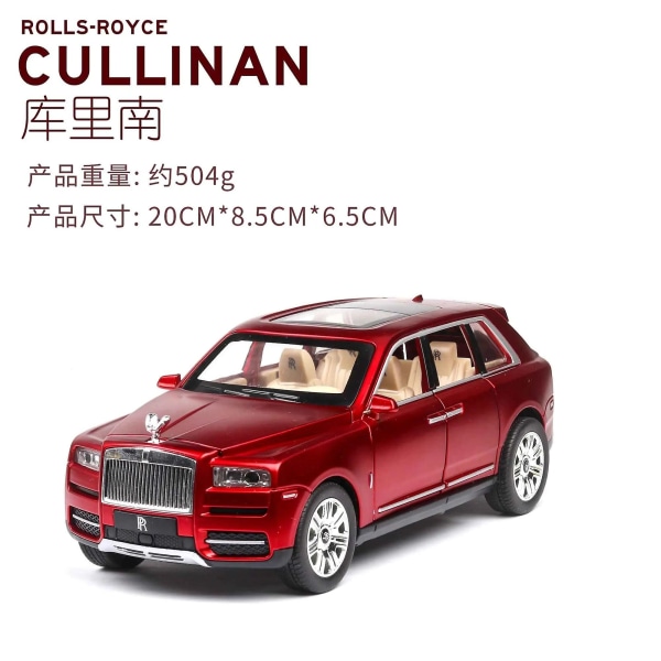 1:24 Rolls Royce Cullinan Alloy-automalli, suurikokoinen simulointimalli, metalliauto, valot, ääni, vetämällä taaksepäin, pienoismalliauto Red no box