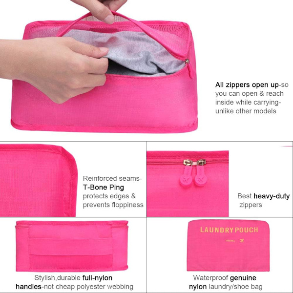 Reisearrangør Pakkeposer, 6 PCS Reisepakkekuber Sett for Klær Reisebagasje Organisasjonsposer Oppbevaringsposer Rose Red