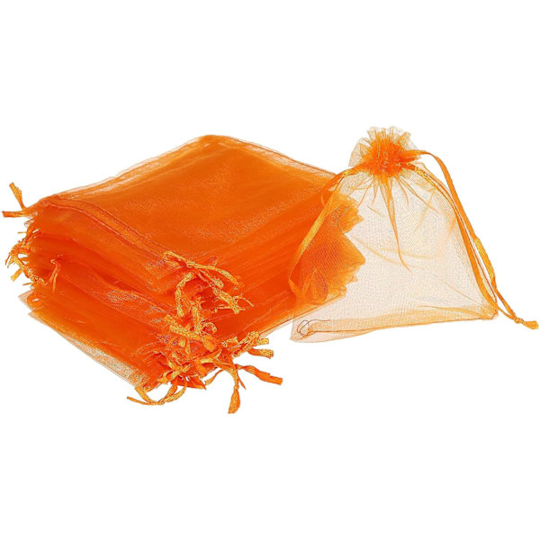 100 stk. Organzaposer 10x12cm Snortræk Gaveposer Gennemsigtig Netpose til Gave Smykker Bryllupsfest Jul Slik Orange