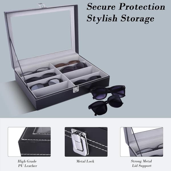 Læder 8 Dele Brilleopbevaring og Solbrille Display Etui Organizer, Sort