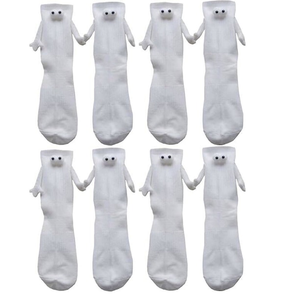 4 par sjove dukke par sokker, sjove magnetiske par sokker, magnetiske hånd i hånd dukke sort/hvide sokker til mænd kvinder all white