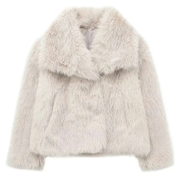 TRAFZA - Korte syntetisk skinnjakke for kvinner, tykk og varm langærmet jakke, ensfarget, elegant, trendy, vinterjakke Beige White M