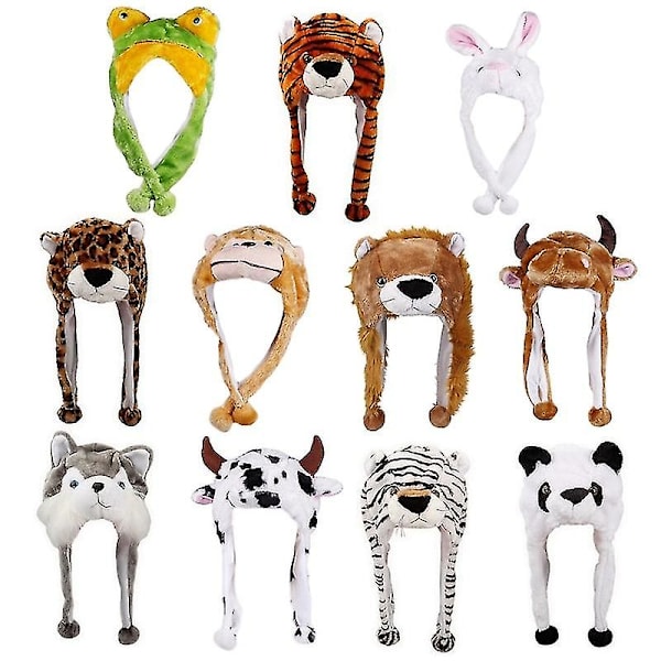 Sødt plysdyr til voksne og børn - Vinterhue med pompon-ender, lange stropper, sjovt, fyldt legetøj, ørevarmerhue, cosplay Huskies
