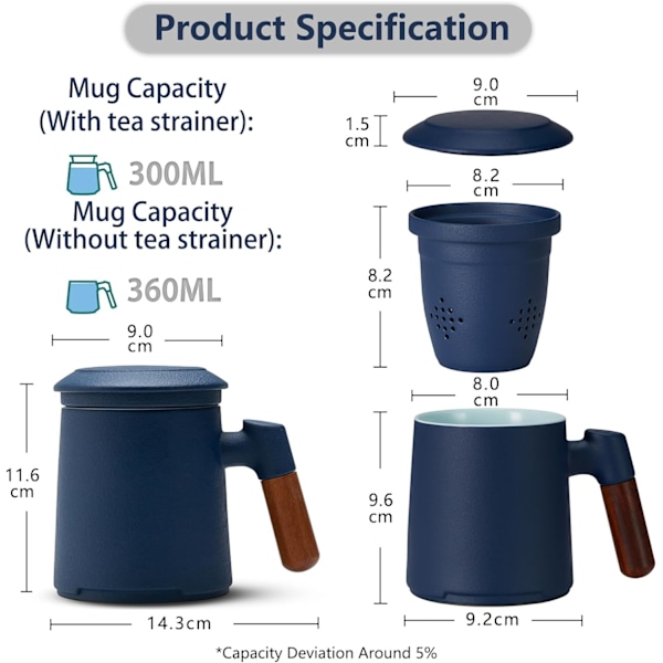 Tekop med teinfuser og låg, løs te-si med træhåndtag, 360 ml mat keramisk teinfuser gave Dark Blue