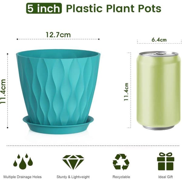 12,7 cm indendørs urtepotte, sæt med 5 plastikurtepotter med dræn og underskåle, moderne 3D bølget design, blågrøn