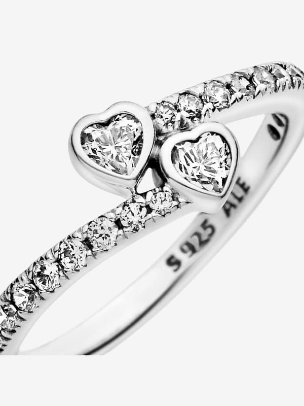 Pandora - Två glittrande hjärtan ring - Sterlingsilver Circumference: 50mm