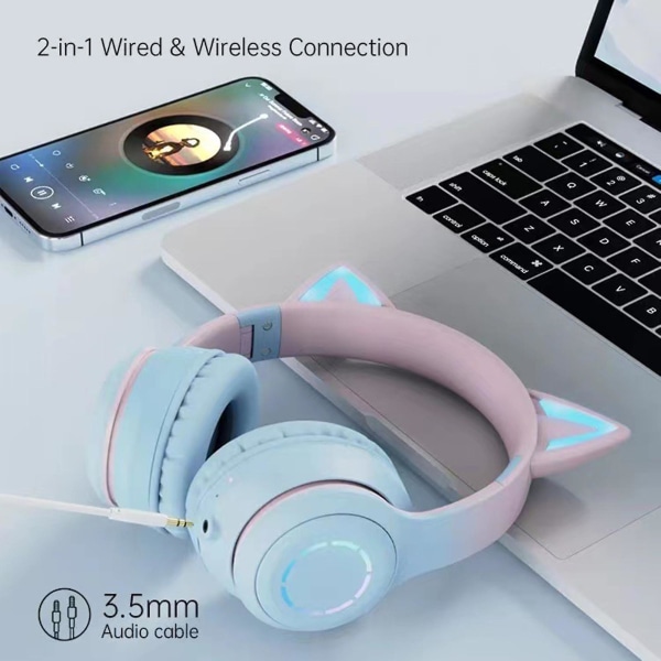 Bt029c Bluetooth-kompatibel hodetelefon Gradient Glødende Ergonomisk Kompatibel, Sammenleggbar Hifi Stereomusikk med avtakbar mikrofon Cute Cat Ear Wirele Green