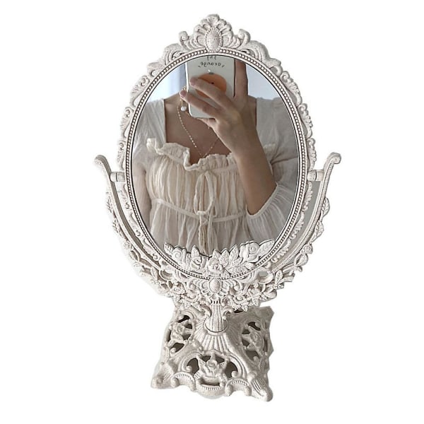 Lille ovalt Make-up Spejl Pænt udskåret Flip Spejl Desktop Stående Glas Spejl