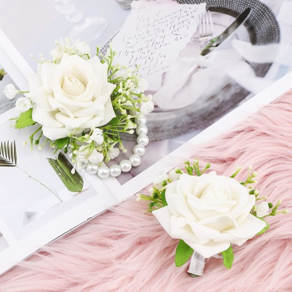 2 stk. kunstige håndledsblomster hvide roser til bryllup, mænds boutonniere rose corsage, brud brudepige håndledsrem armbånd bryllupsblomster