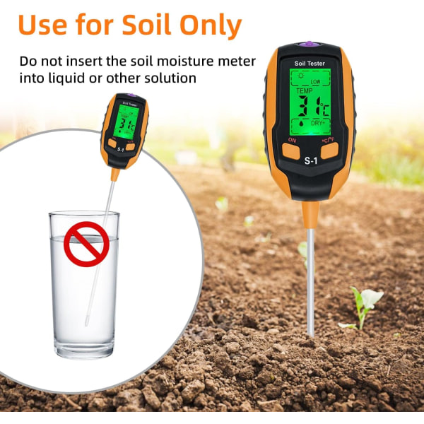 Jordmåler, 4-i-1 digital plantejordfugtighedsmåler med PH/temperatur/fugtighed/lys/miljøfugtighed til havearbejde, græsplæne og landbrug -S1