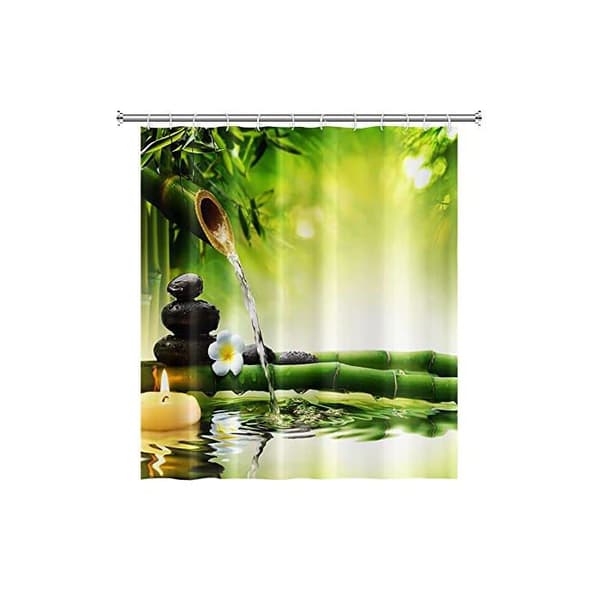180x200cm Spa Bambus Bruseforhæng, Grønne Blade, Stearinlys, Vandterapi, Blomster Zen Badeforhæng til Meditation