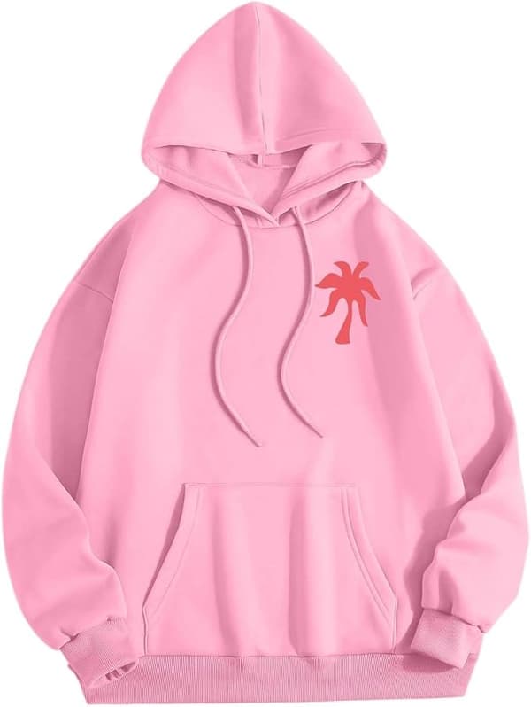 Palm Puff hettegenser for kvinner 2025 Rosa grafisk hettegenser Pink