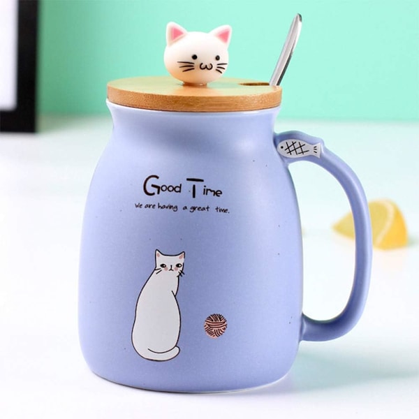 Kattmugg Söt Keramisk Kattunge Kaffekopp med Underbar Kattlock Rostfritt Stål Sked för Kaffe Te Mjölk 380ML Te Mjölk Julmugg för Kvinnor (Lila)