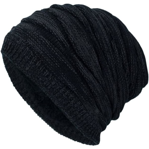 Vinter lue lue menn varm strikket lang skull cap termisk med myk (svart)