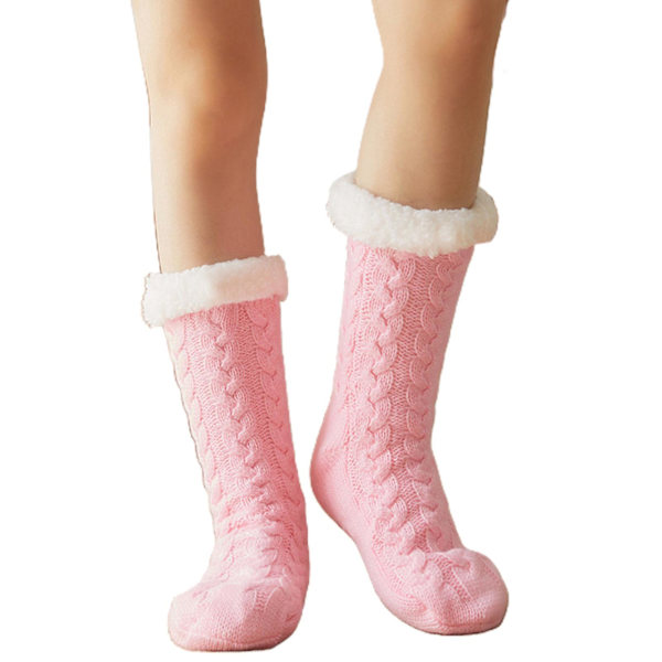 Kvinder Vinter Varme Tykke Strikkede Plysforet Sutsko Strømper Ensfarvet Chunky Kabel Hæklede Bløde Fuzzy Hyggelige Sove Strømper Pink