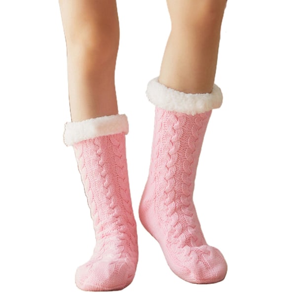 Kvinners Vinter Varme Tykke Strikkede Plysjforede Tøffelsokker Ensfarget Chunky Kabel Heklet Myke Fuzzy Koselige Sovestrømper Pink