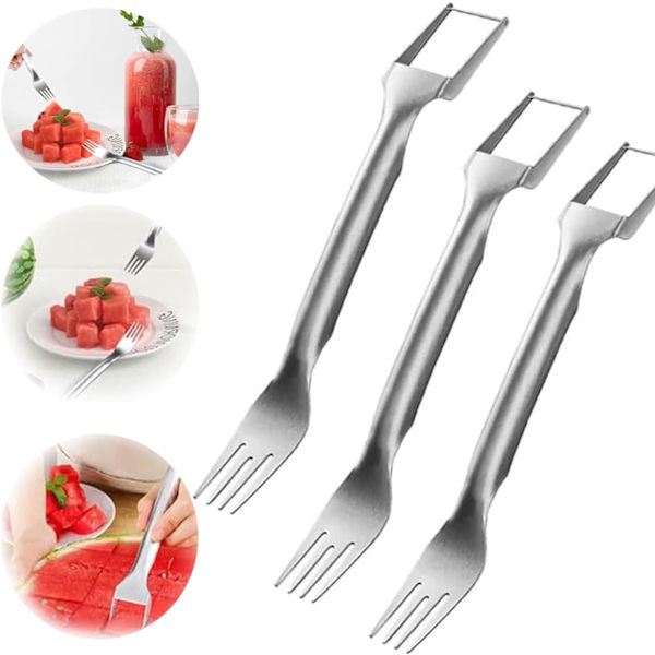 2 in 1 ruostumattomasta teräksestä valmistettu hedelmäleikkuri vesimelonin tuulimylly leikkuri vihannesleikkuri kaksipäinen hedelmähaarukka (3 kpl)