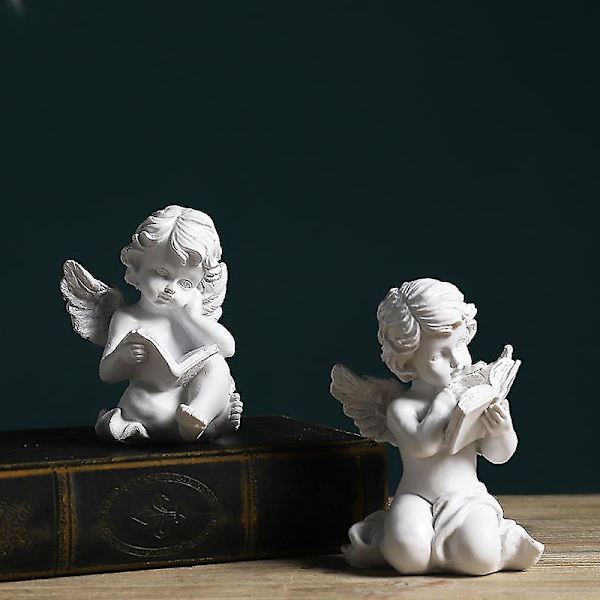 Enkeli patsas figuriini veistos Cherub siivet enkeli patsas hahmo puutarhan vartija muistomerkki patsas kodin pöytäkoristeluun (2 kpl, valkoinen)