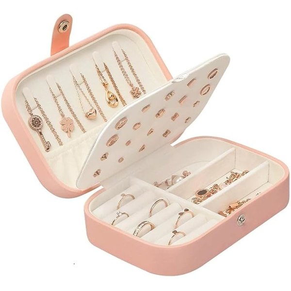 Smykkeæske Organiser Lille Smykkeetui Rejse Smykkeæsker Opbevaring til Ringe Øreringe Halskæde Armbånd, Læder Smykkeæske, Pink