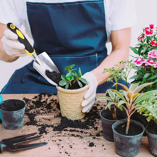 Hagespade håndspade med ergonomisk gummiert mykt sklisikkert håndtak for planting, omplanting, luking, flytting og utjevning av jord Hagegave