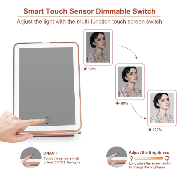 Oppladbar sminkebordsspeil med 72 LED-lys, belyst reisebærbar lys opp skjønnhetsspeil, 3 fargebelysning, dimbar berøringsskjerm
