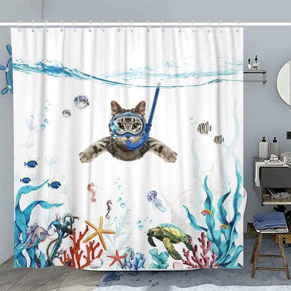 Sjovt kattebruseforhængssæt Teal Blue Ocean Ocean Vandtæt stofbruseforhæng med dyr Octopus Starfish Turtle Anchor Fish Nautical Bathroom
