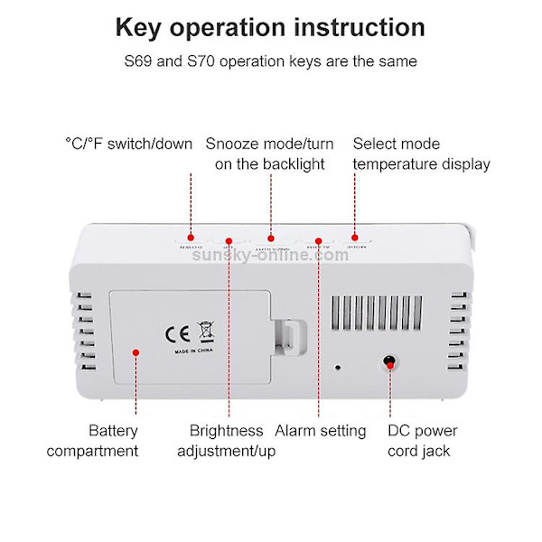 Ts-s69-hw Multifunktionell LED-väckarklocka Batteri Plug-in Dubbelsidig Spegel Makeup Spegel Klocka (grå Vit)