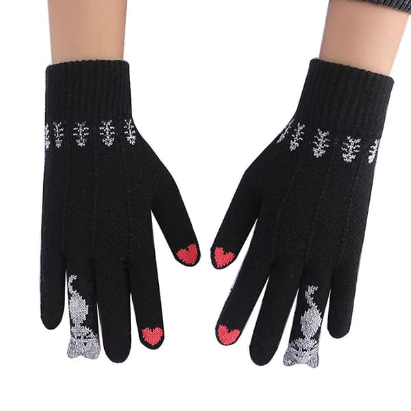 Vinter Kvinder Søde Tegneserie Katte Touch Screen Handsker Fuld Finger Strikkede Luffer Black