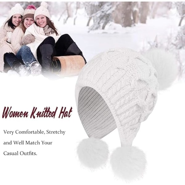 Naisten neulottu hattu Talven lämmin pipo, jossa Pom Pom Bobble -hattu, tuulenpitävät korvaläpät (valkoinen)
