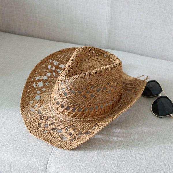 Cowboy Hat Klassisk Vintage Hullet Unisex Krøllet Kant Bred Skygge Mænd Sol Hat Fiskeri Hat Khaki