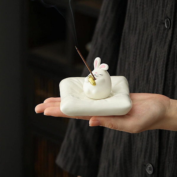 Røgelsesholder i form af en kanin, håndlavet keramisk røgelsesholder i form af en kanin, moderne aromaterapiornament til stressaflastning, yoga og meditation