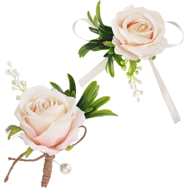 Håndledsblomster til bryllupper, blomsterhåndledsbuket sæt kunstig bryllupsrose brud håndledsblomster blomster buket til galla (Champagne)