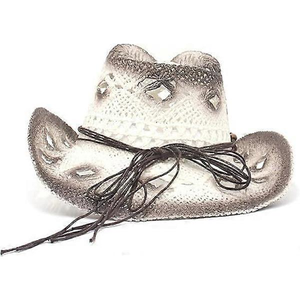 Cowboyhatte i hullet strådesign - Sommer strand cowboyhat Damer Western solhat Knusbar Boho strå cowboyhat White
