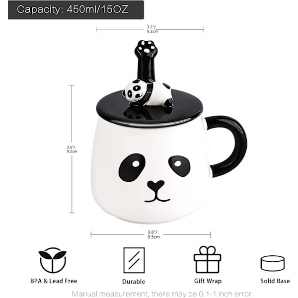 Lazzy Panda -muki, söpö keraaminen kahvimuki 3D-pandakannella ja lusikalla, 3D-pandakahvimuki, uutuuskahvi-, tee- ja maitomuki, lahjat