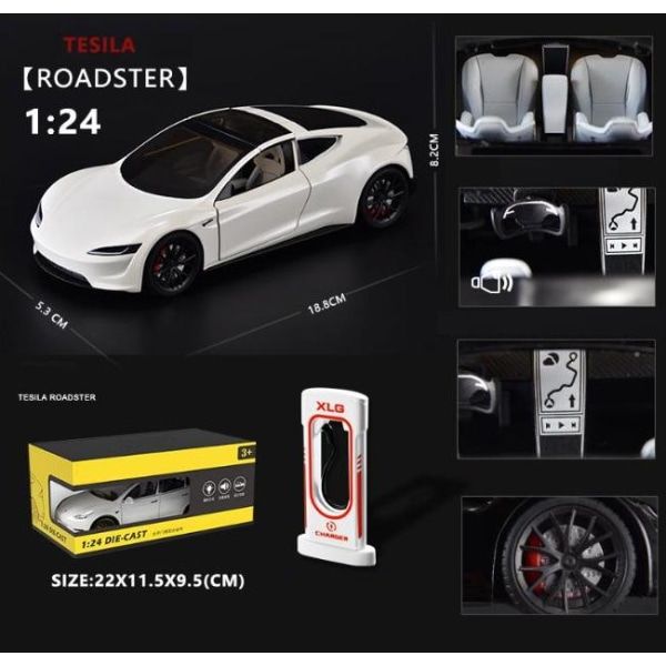 1:24 Tesla Model 3 Model Y Model S Model X Legeret trykstøbt bilmodel Lyd og lys Børnelegetøj Samleobjekter Fødselsdagsgave Roadster White