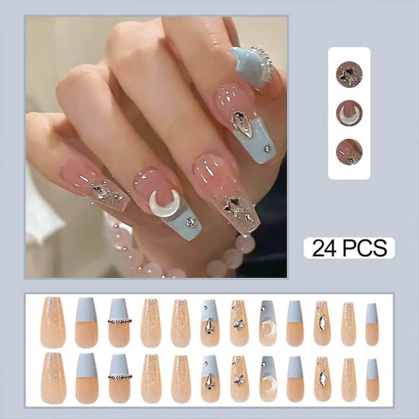 24pcs Acrylic Press On Nails Medium Long Length False Nails With Flower Rhinestone Sequins Design