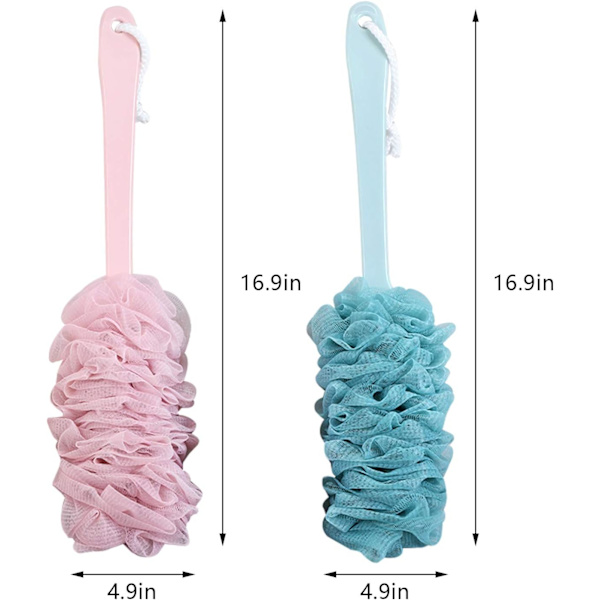 2 kappaletta luffa-kylpyharjaa pitkällä kahvalla, kylpy- ja suihkuseinän selkäpesin, vartaloharja miehille ja naisille, vaaleanpunainen ja sininen