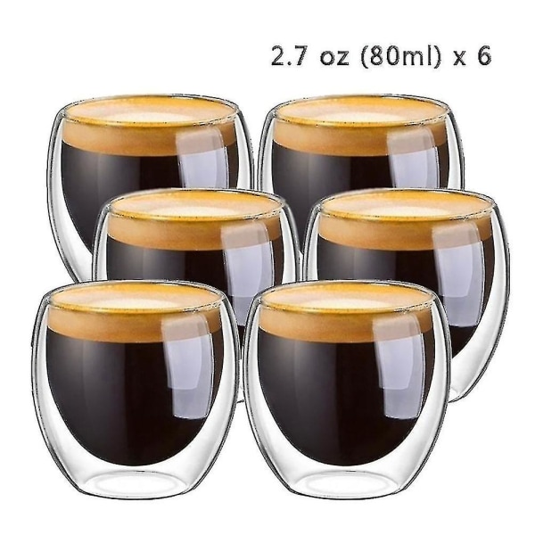 6 st 80 ml 2,7 oz Glas Dubbelväggig Värmeisolerad Mugg Espresso Tekopp Hög Kvalitet