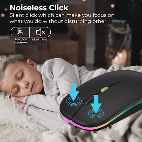 LED trådløs mus, slank genopladelig trådløs lydløs mus, 2.4G bærbar USB optisk trådløs computermus med USB-modtager til notesbog, pc, bærbar computer Black