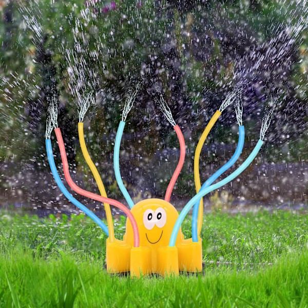 Trädgårdssprinkler, automatisk grässprinkler, rolig bläckfisk gräsmatta trädgård bevattningsutrustning för bevattning av växter blommor och barn som leker med vatten yellow