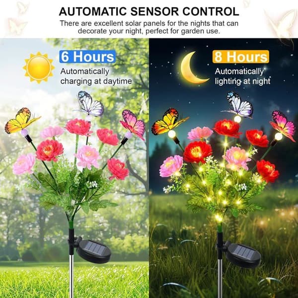 Udendørs solcelleblomsterlys til haven, 2-pak solcelleblomsterlys med sommerfugledesign, IP65 vandtætte LED-solcellelys, dekoration