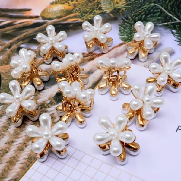 12 stk. Mini Pearl Hårklo Clips Blomster Hårspænder Søde Små hårspænder Dekorativt hårtilbehør til bryllupsfest eller dagligt