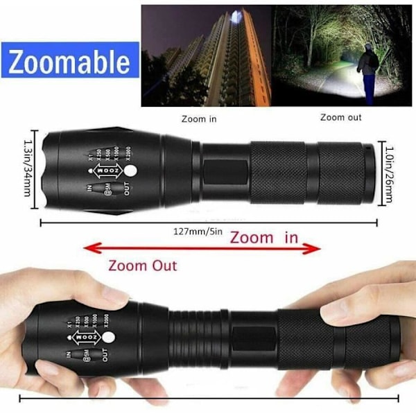 2 STK. Ultra Kraftig LED Lommelygte, Zoombar Lommelygte til Strømafbrydelse/Nødsituation/Camping/Vandreture