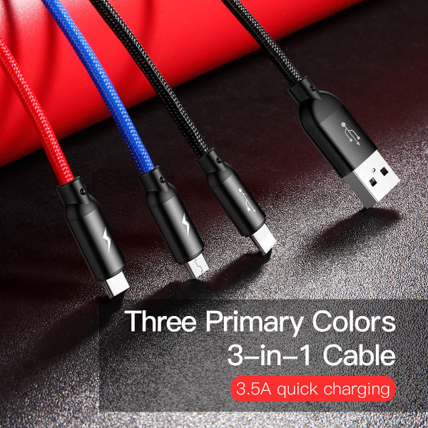 Baseus 3-i-1 multi-oplader, USB-C/Lightning/MicroUSB, 3.5A, 1.2m