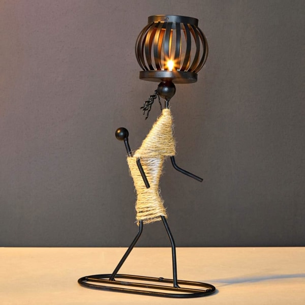 2 stk lysestager til borde, retro sort jern fyrfads lysestager Vintage lysestage stativ Lille pige formet med hamp reb Design (C)