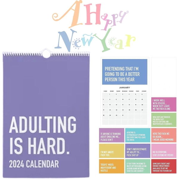 Adulting er vanskelig 2024-kalender, månedlig veggkalenderplanlegger, daglig rutenett, personlige notatblokker, kalender, månedlig kalenderplanlegger 2Pcs